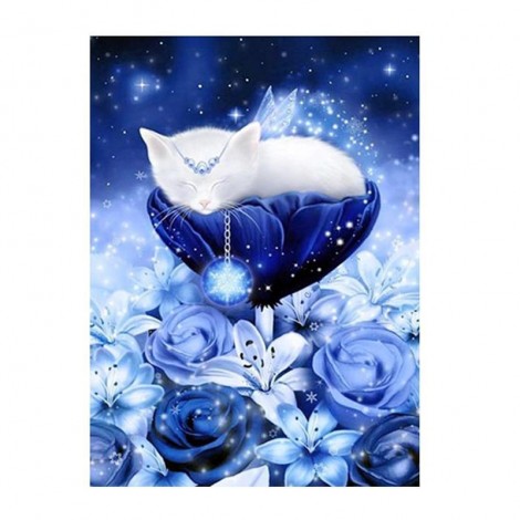 5D DIY Diamond Painting Kits Cartoon Cute Cat on Blue Flowers