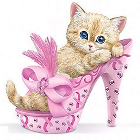 5D DIY Diamond Painting Kits Limited Cute Kitten Pinkl High-heeled Shoes