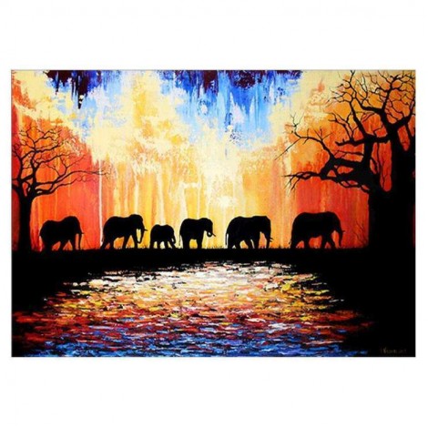 5D DIY Diamond Painting Kits Cartoon Beautiful Sunset Elephants Family