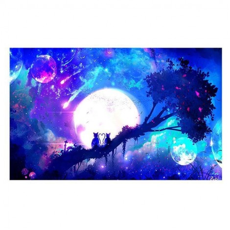 5D DIY Diamond Painting Kits Fantasy Pretty Moon Sky Cats on the Tree Scene