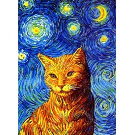 5D DIY Diamond Painting Kits Cat Beneath Van Gogh's Starry Sky