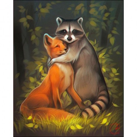 5D DIY Diamond Painting Kits Cartoon Fox & Raccoon Love