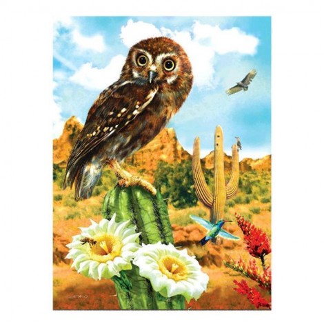5D DIY Diamond Painting Kits Cartoon Lovely Owl Stand on The Cactus