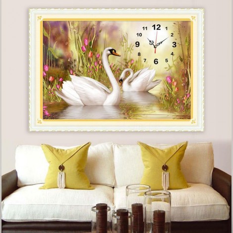 5D DIY Diamond Painting Kits Dream Wall Loving Swans Clock