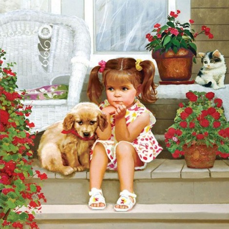 5D DIY Diamond Painting Kits Cartoon Cute Dog And Girl