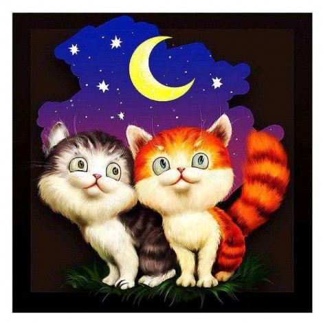 5D Diy Diamond Painting Kits  Cartoon Cat With Romantic moonlit