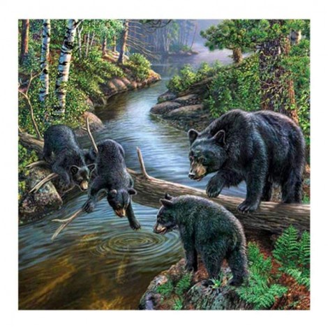 5D DIY Diamond Painting Kits Family Bear Playing Water in the Forest