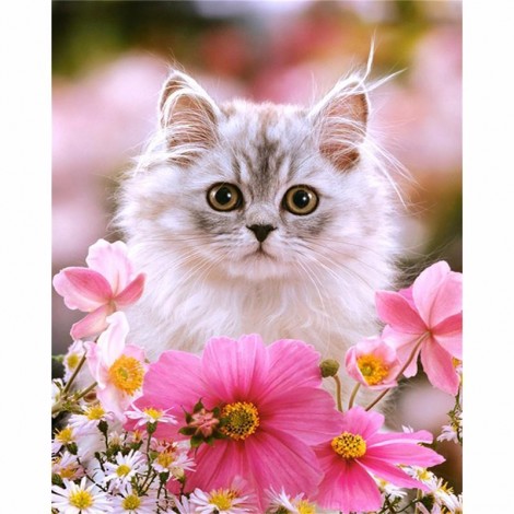 5D DIY Diamond Painting Kits Cute Cat Pink Flowers