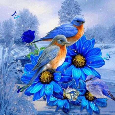 5D DIY Diamond Painting Kits Winter Birds On the Blue Flowers